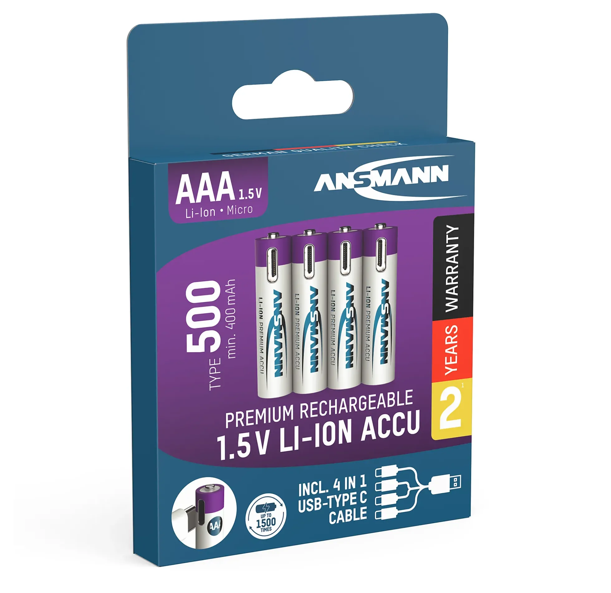 Batteri AAA 4stk oppladbare med USB-C port og ladekabel