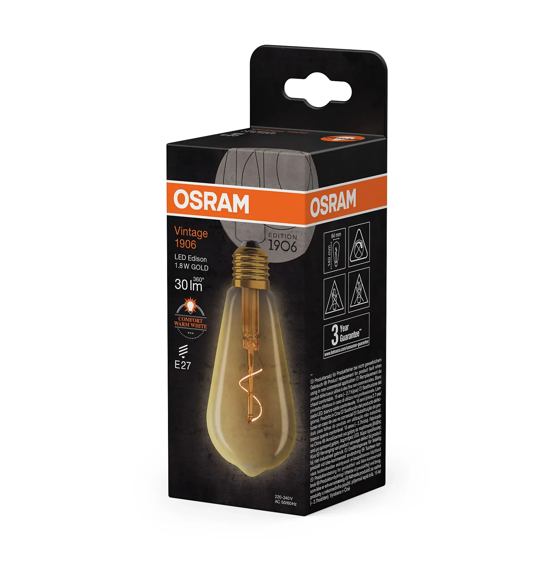 Led Dekorasjonspære E27 Edison 30lm Gold Varmere Lys