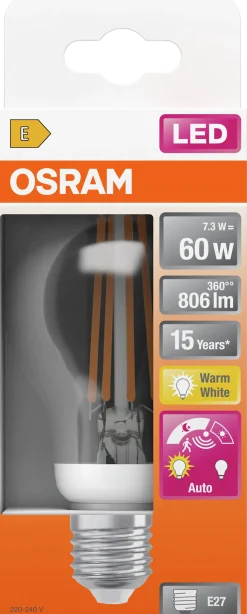 Led Lyspære E27 A60 806lm klar Bevegelse Sensor Varmhvit