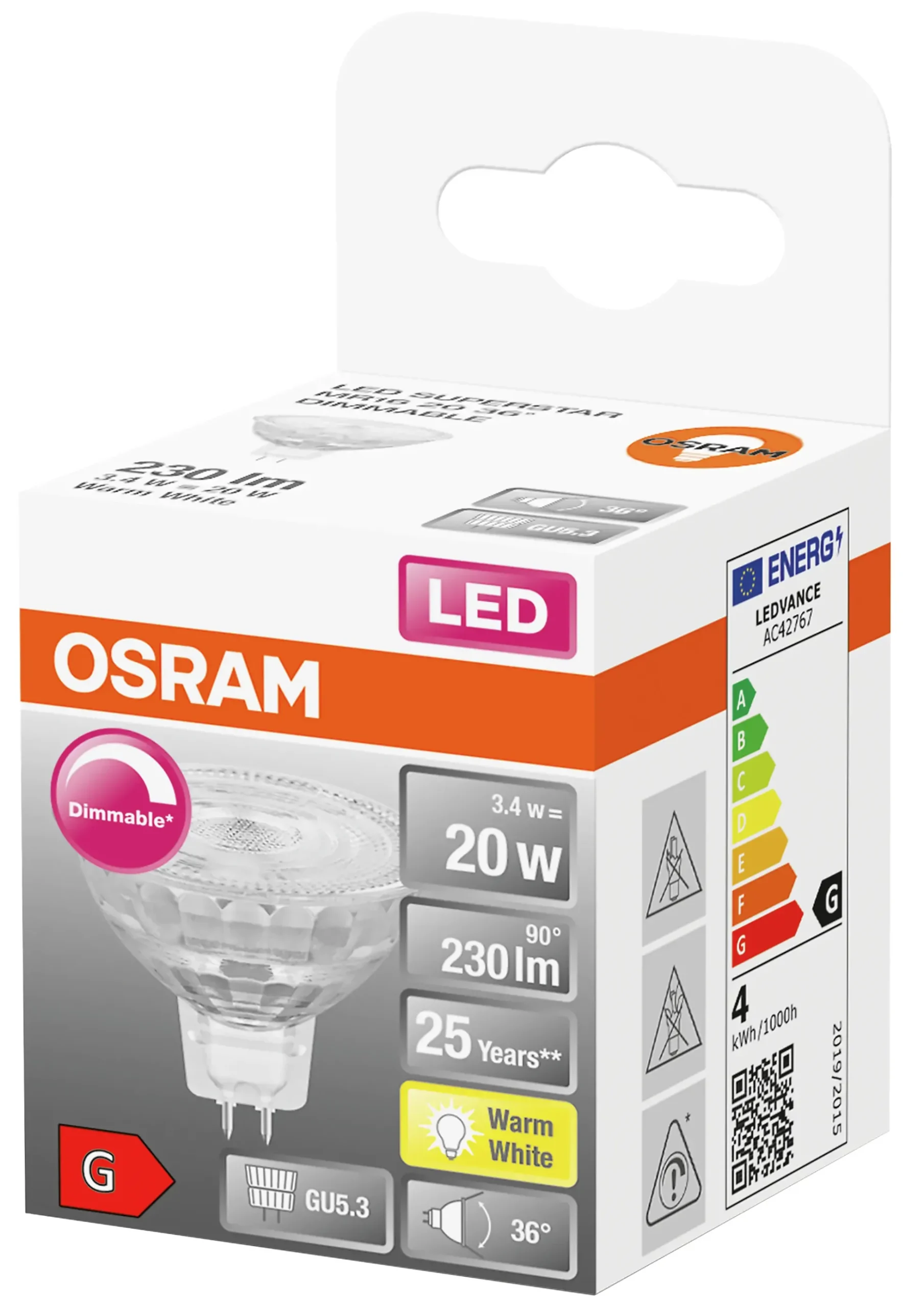 LED lyspære MR16 20 gu5,3 dim 3,4W 2700K 36° 12V