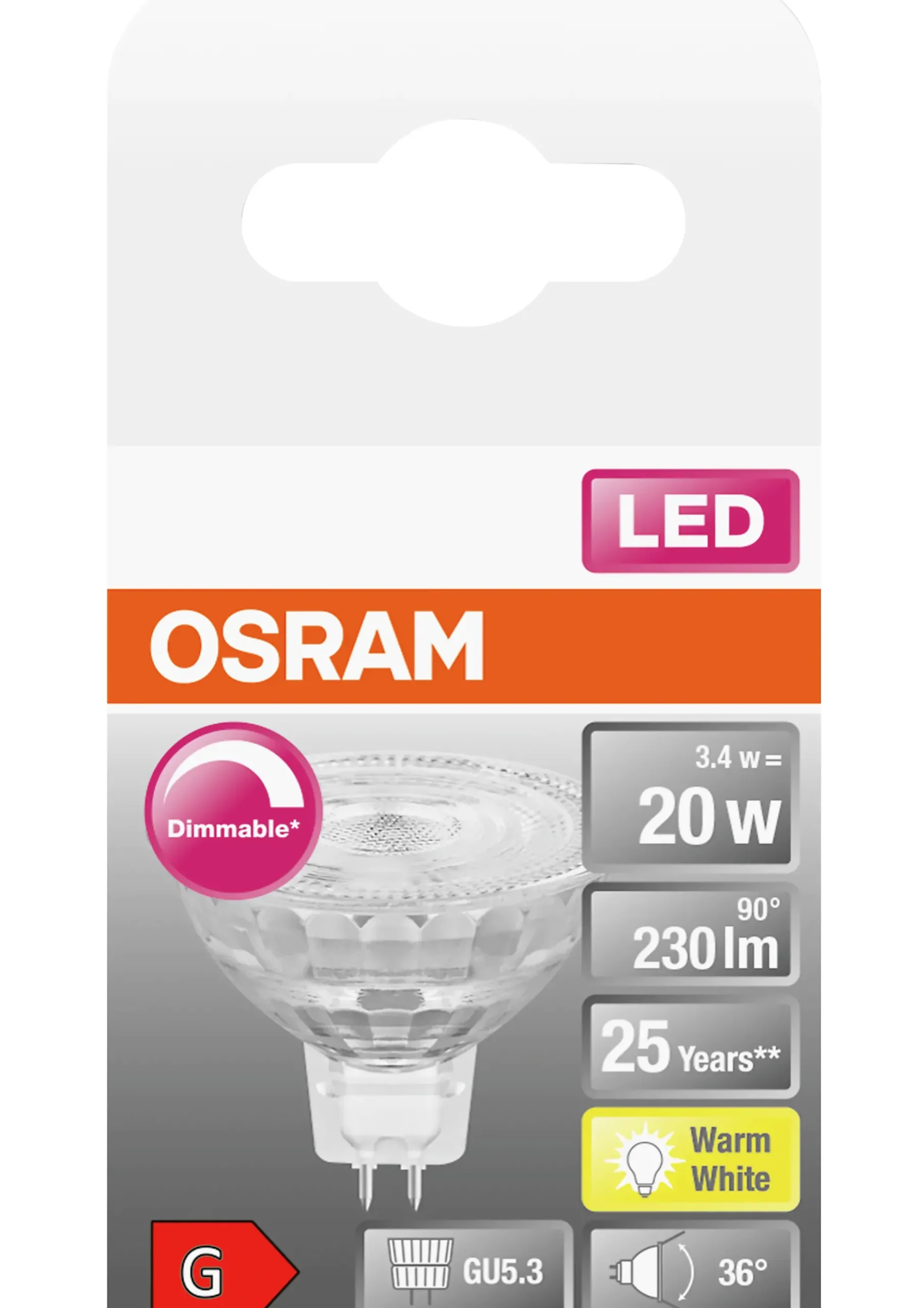 LED lyspære MR16 20 gu5,3 dim 3,4W 2700K 36° 12V