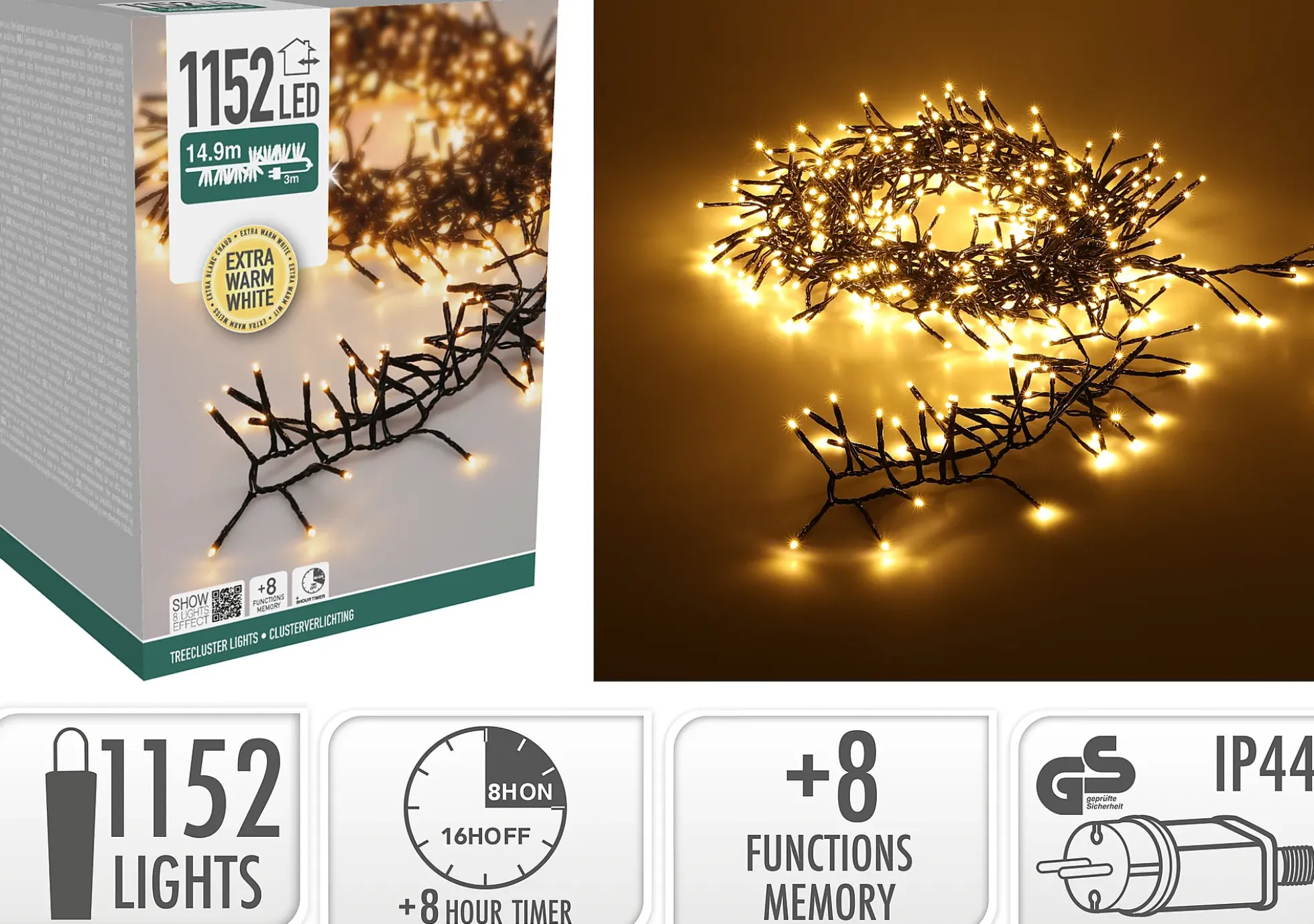 Lysslynge Treecluster 1152ledlys ekstra varmhvit IP44 15m