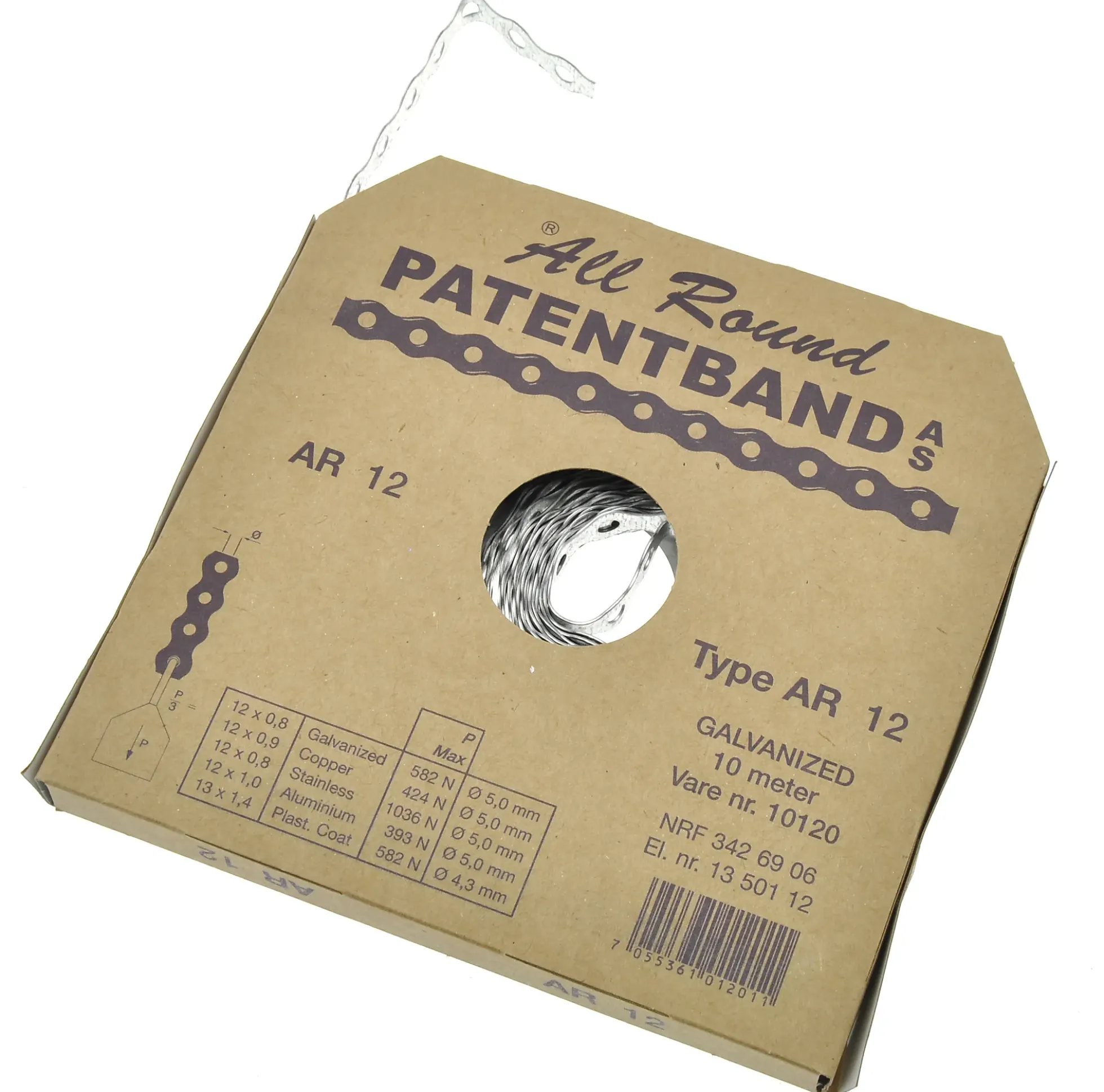 PATENTBÅND HULL 8,6MM B26MM L10M VARMGALVANISERT